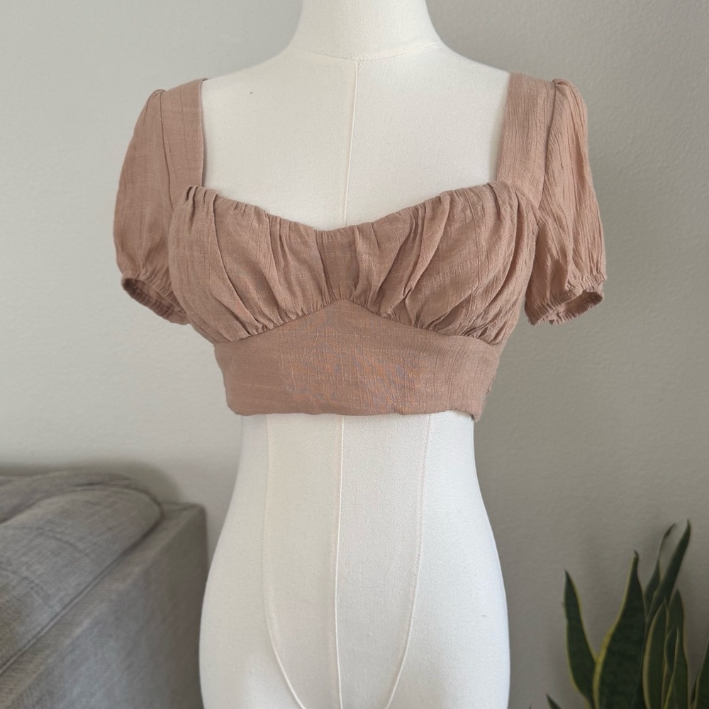 Princess Polly XS Women’s Crop Top 2 Open Back Tan Beige Sexy Cottagecore Boho
